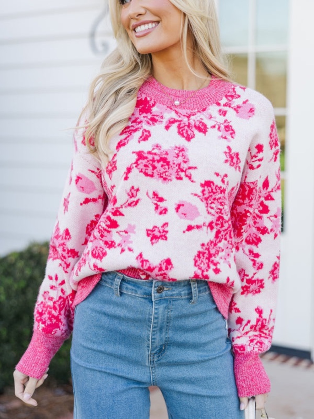Listicle Pink Floral Crew Sweater
